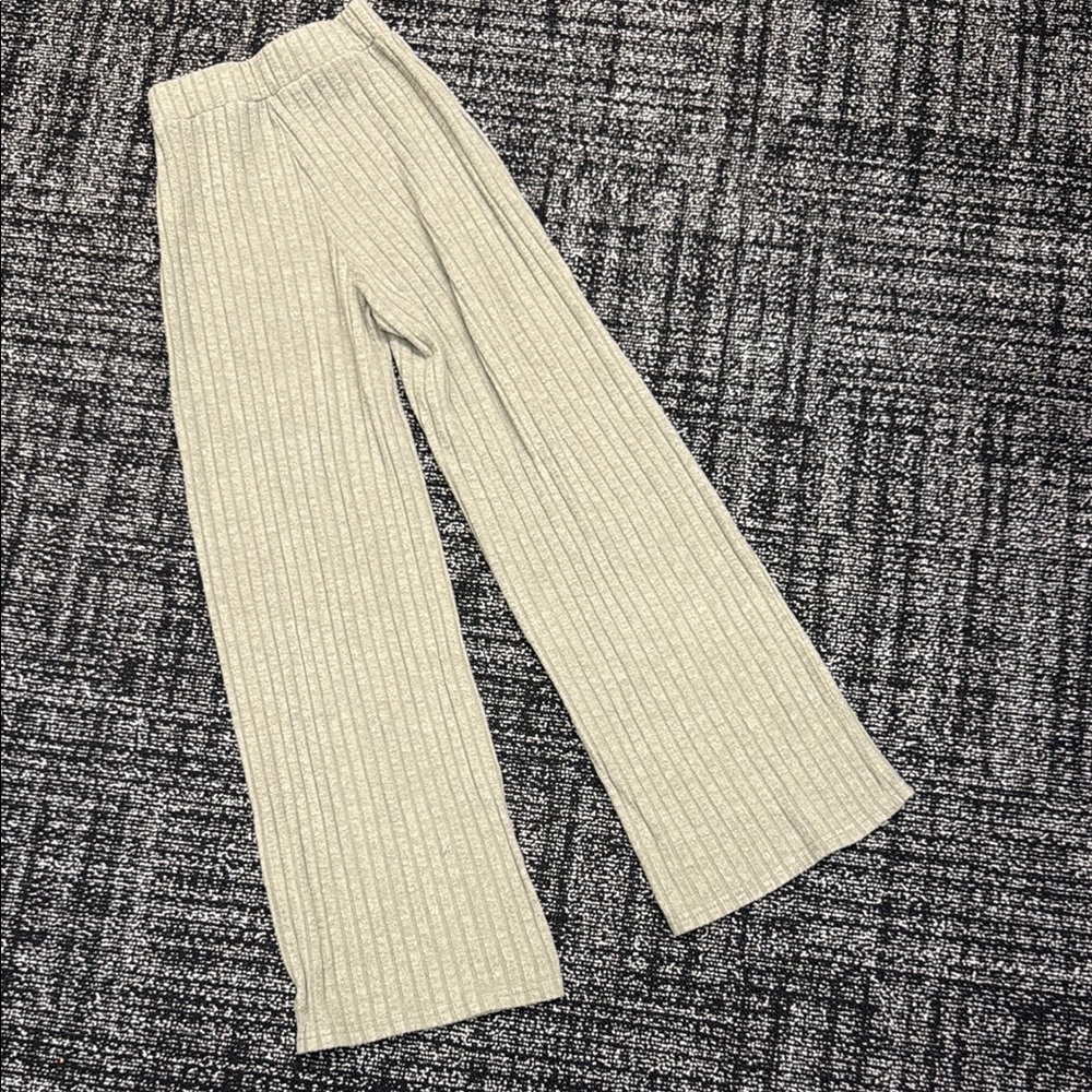 Ribbed Knit Wide-Leg Pants in olive green.